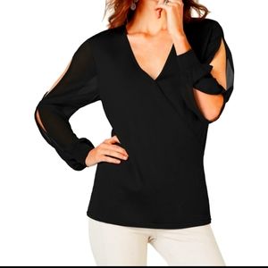 😍BLACK I.N.C INTERNATIONAL CONCEPTS FAUX WRAP ILLUSION SLEEVE BLOUSE SZ M NWT😍
